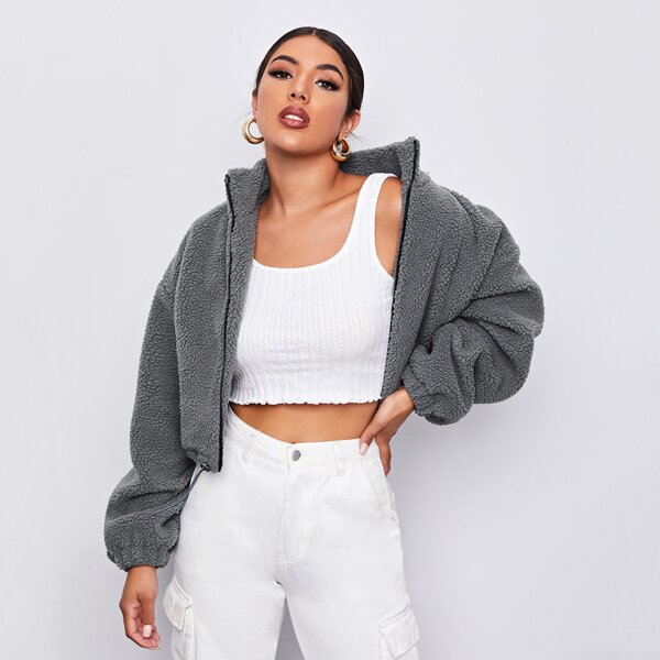 Zip Up Drawstring Hem Teddy Jacket, Dark grey