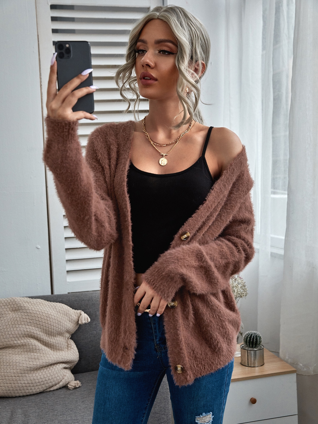 Raglan Sleeve Button Front Fuzzy Cardigan