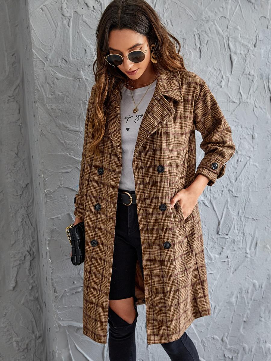 Plaid Lapel Collar Double Breasted Coat