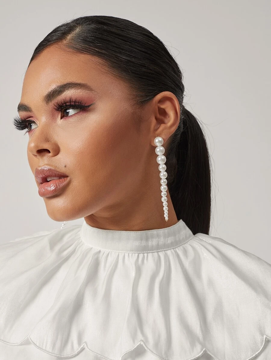 SHEIN Belle Faux Pearl Beaded Long Strip Drop Earrings