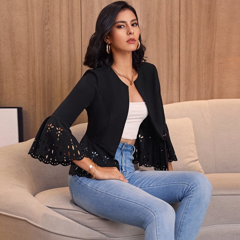 Cut Out Hem Open Front Jacket, Black 
Cut Out Hem Open Front Jacket, Black