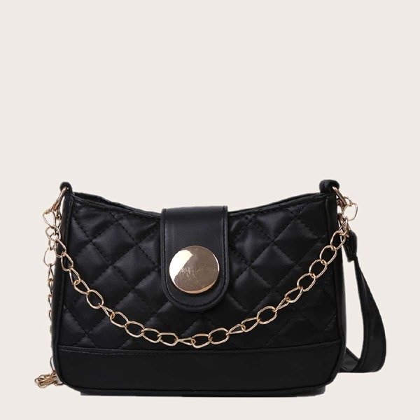 Girls Chain Decor Quilted Crossbody Bag, Black