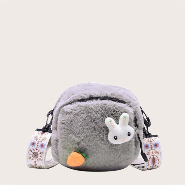 Girls Faux Fur Decor Crossbody Bag, Grey