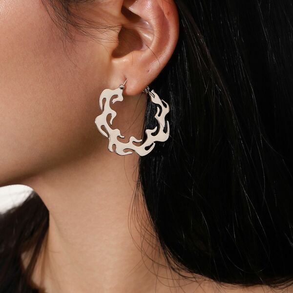 Flame Hoop Earrings, Silver