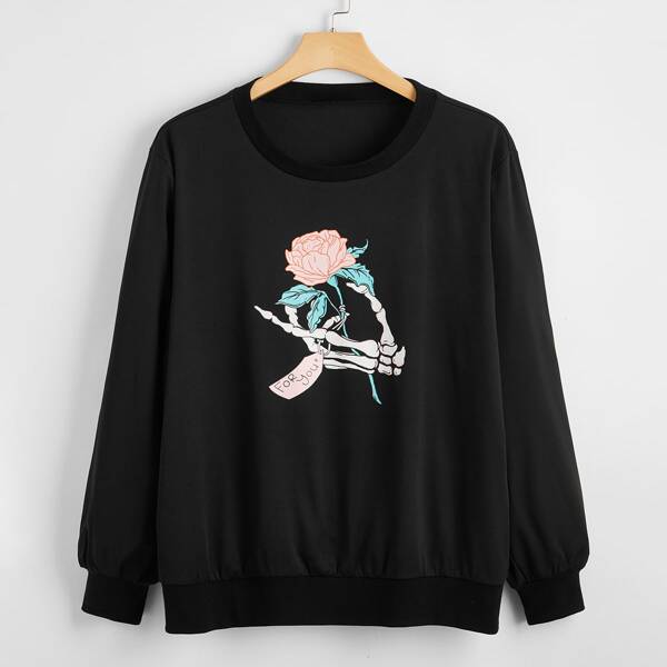 Plus Skull & Floral Print Sweatshirt, Black