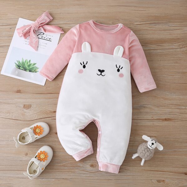 Baby Girl Colorblock And Cartoon Embroidery Velvet Jumpsuit With Headband, Multicolor
Baby Girl Colorblock And Cartoon Embroidery Velvet Jumpsuit With Headband, Multicolor