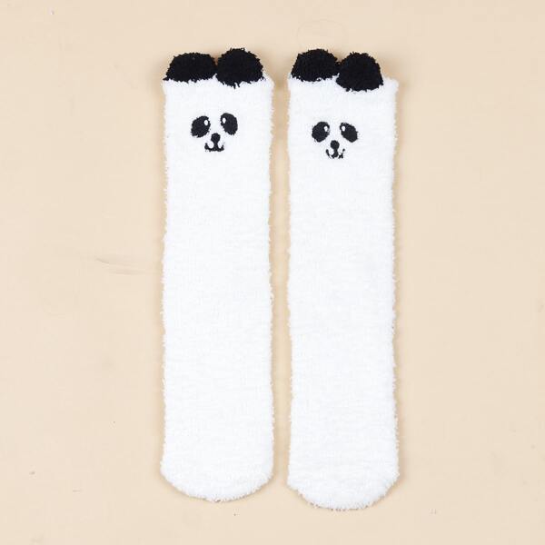 Cartoon Graphic Fuzzy Socks, White