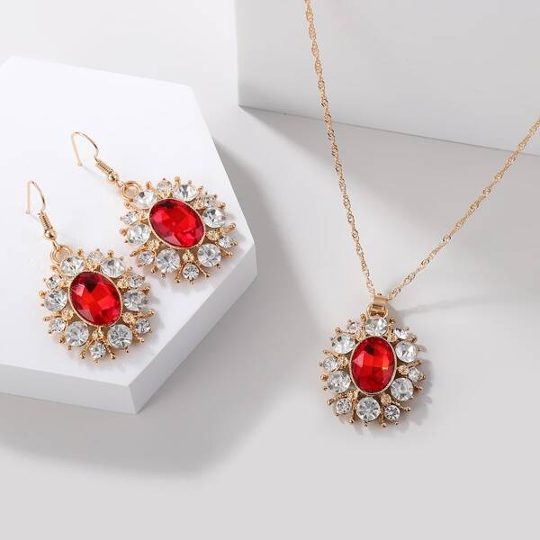 3pcs Crystal Decor Jewelry Set, Red