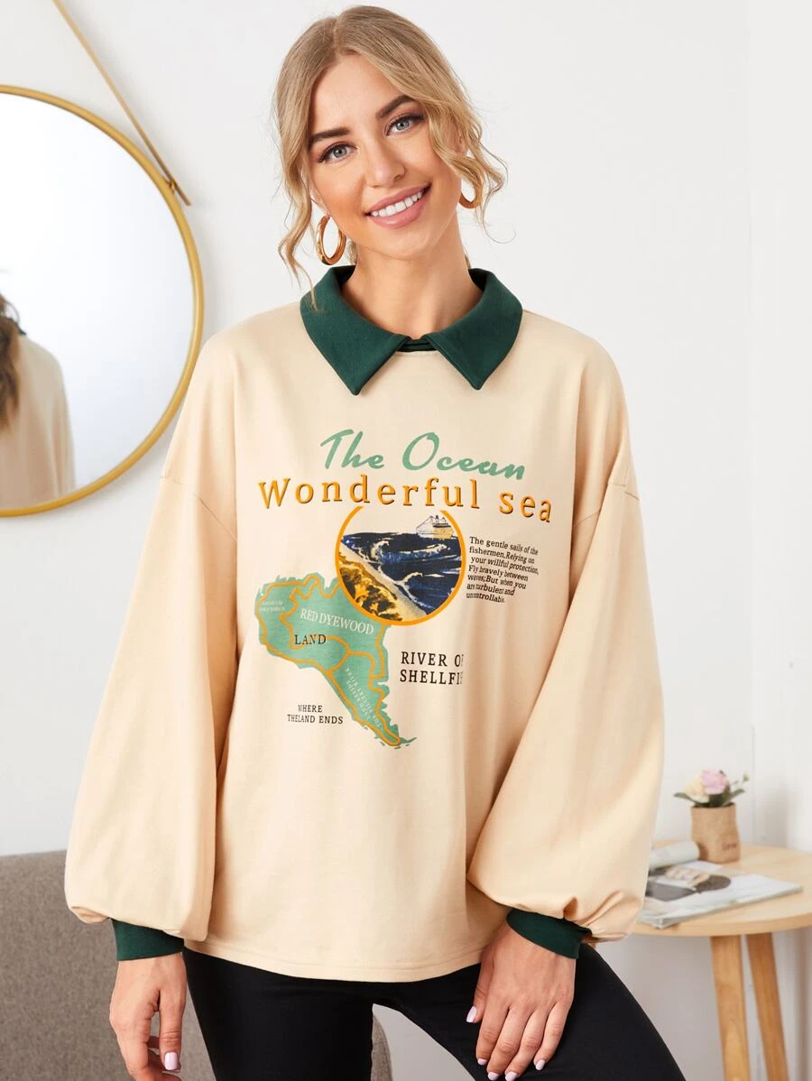 SHEIN Unity Pullover mit Kontrast Kragen, Laternenärmeln und Buchstaben Grafik