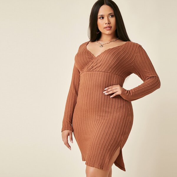 Plus Surplice Neck Split Hem Dress, Brown