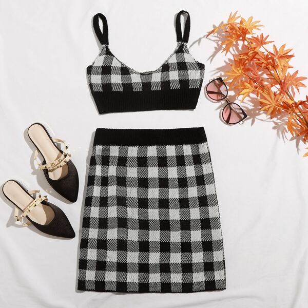 Crop Gingham Knit Cami Top & Skirt Set, Black and white