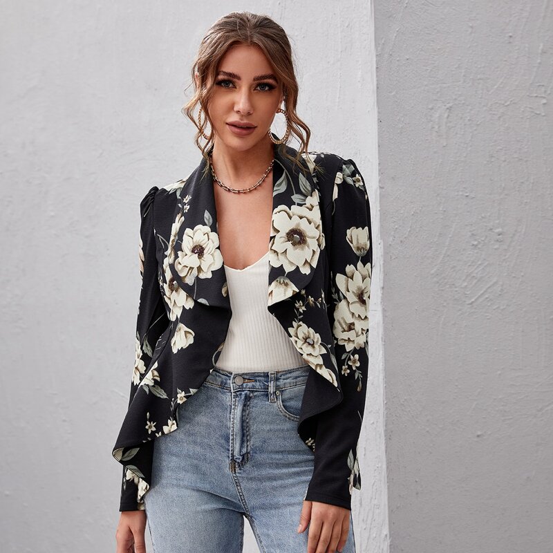 Floral Print Shawl Collar Gigot Sleeve Blazer, Multicolor 
Floral Print Shawl Collar Gigot Sleeve Blazer, Multicolor