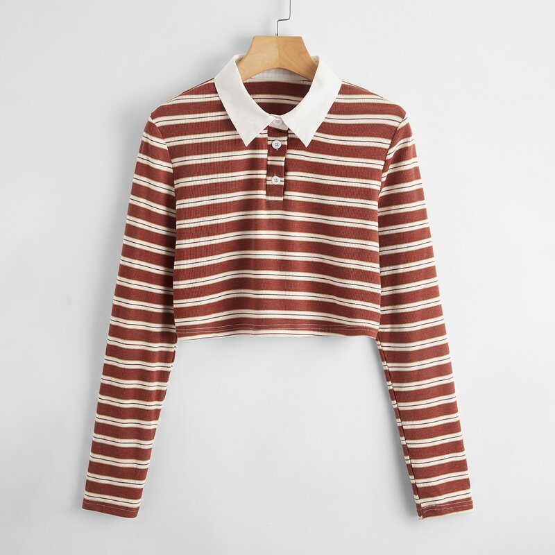 Striped Polo Crop Tee, Multicolor 
Striped Polo Crop Tee, Multicolor