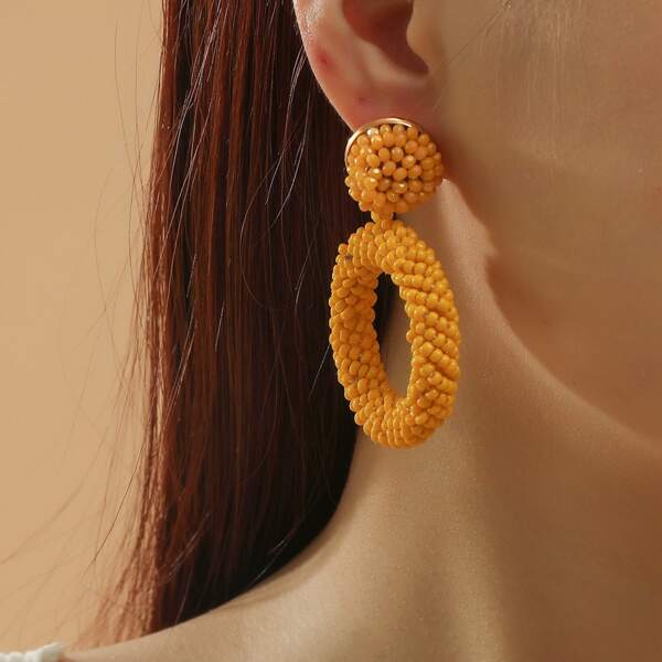 1pair Seed Bead Round Drop Earrings, Yellow
