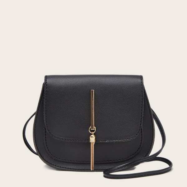 Metal Tassel Flap Saddle Bag, Black