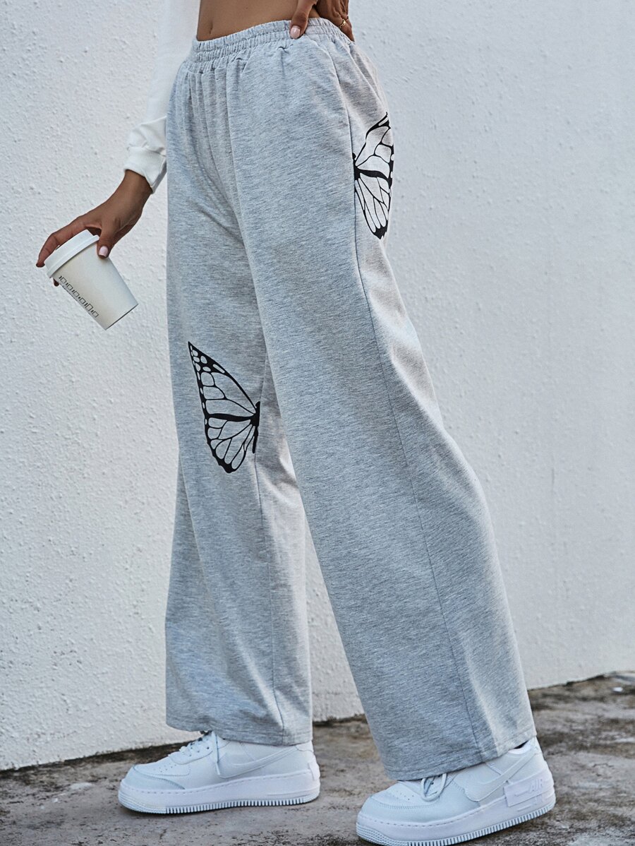 Butterfly Print Elastic Waist Sweatpants