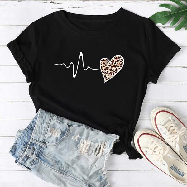 Plus Leopard And Heart Print Tee, Black