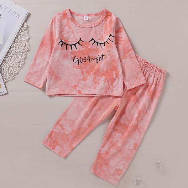 Toddler Girl Slogan Graphic Tie Dye PJ Set, Coral pink