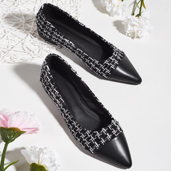 Cap Toe Tweed Slip On Flats, Black