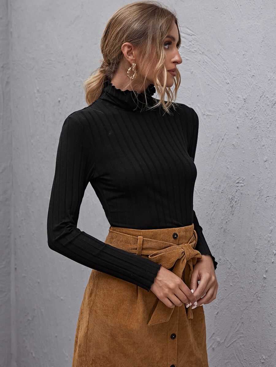 SHEIN Stand Collar Lettuce Trim Rib-knit Tee