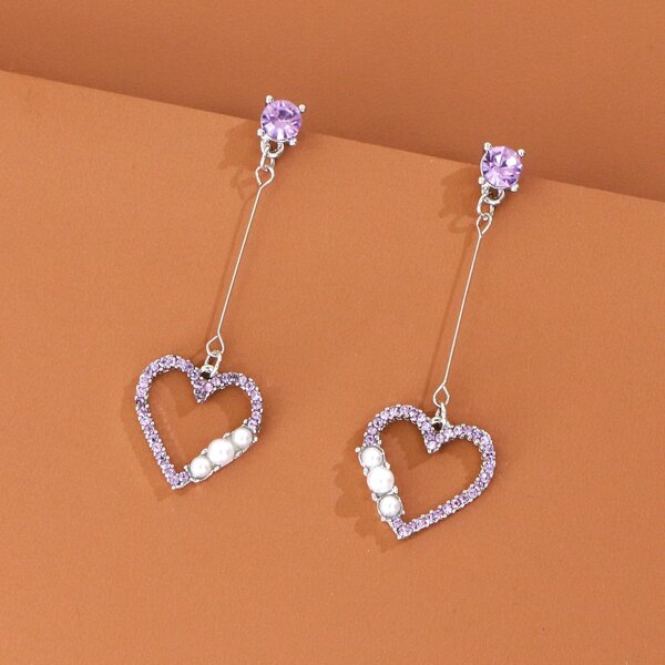 Rhinestone Decor Heart Charm Drop Earrings, Purple