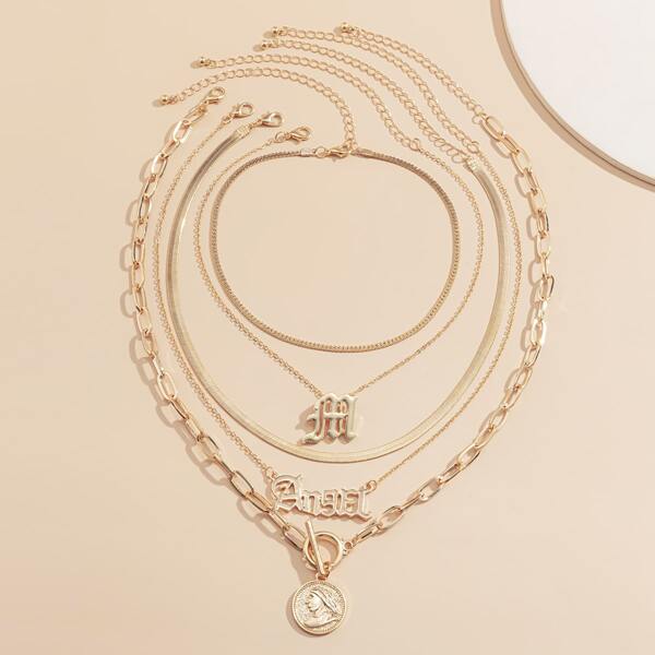 5pcs Letter Charm Necklace, Gold