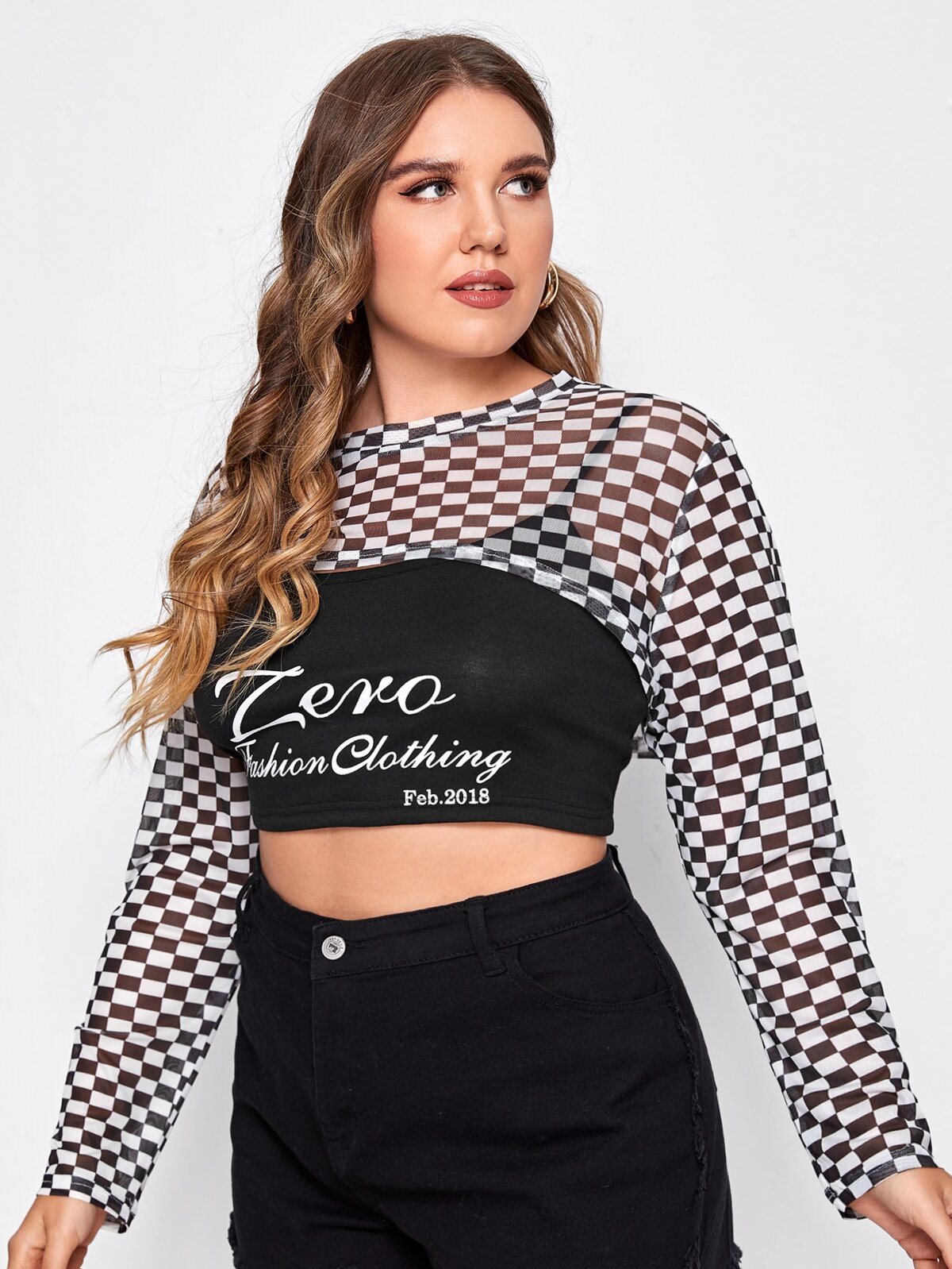 Plus Checker Sheer Mesh Top & Letter Graphic Cami Top