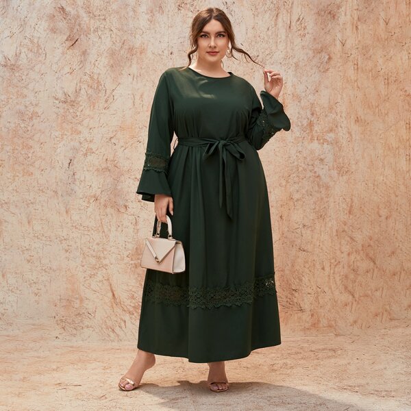 Plus Contrast Guipure Lace Belted Dress, Dark green