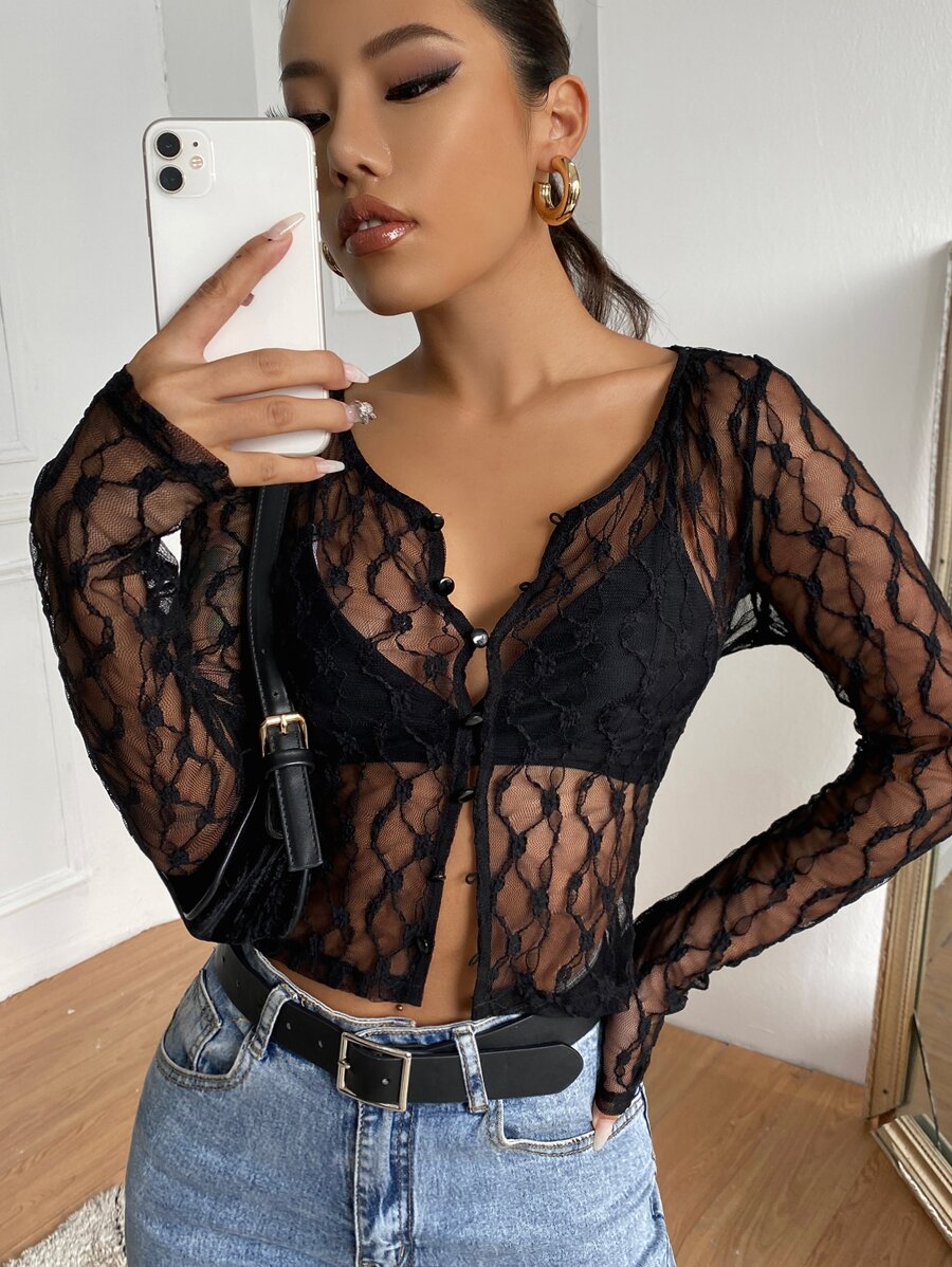 SHEIN Unity Top mit Knöpfen und Spitze ohne BH