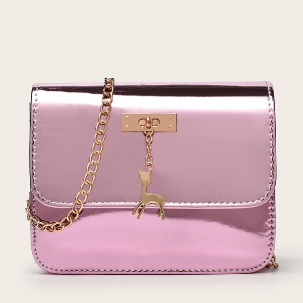Metal Deer Charm Chain Bag, Pink