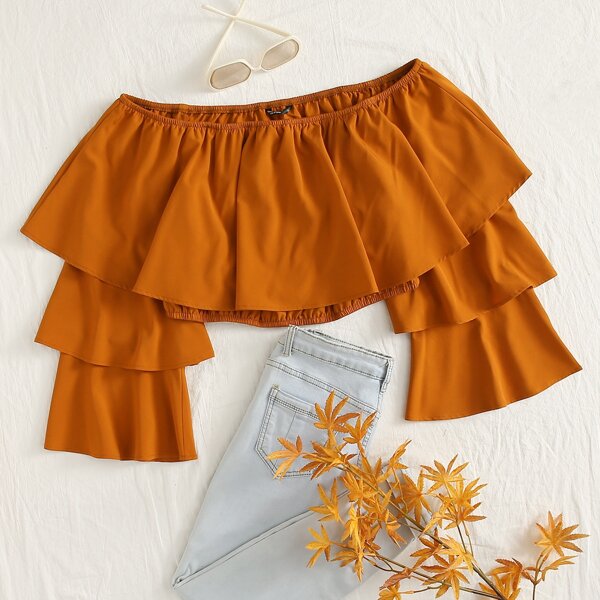 Plus Layered Sleeve Bardot Crop Top, Burnt orange