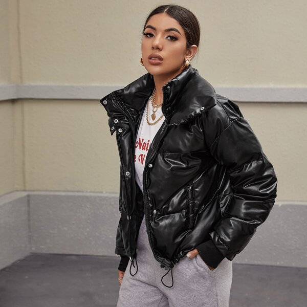 Zip Up PU Leather Puffer Jacket, Black