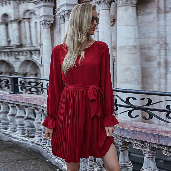 Flounce Sleeve Belted Pleated Hem Dress, Burgundy