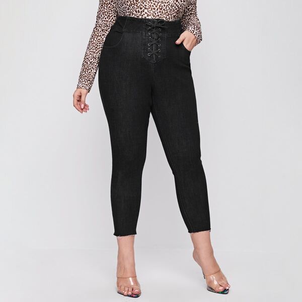 Plus Lace-up Detail High Waisted Push Up Skinny Jeans, Black