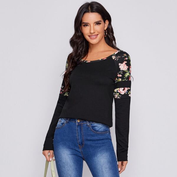 Floral Print Raglan Sleeve Curved Hem Top, Black