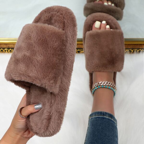 Open Toe Fluffy Slippers, Coffee brown
