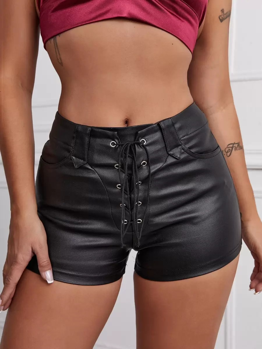 Jeanoix Garment Eyelets Lace Up Front Solid Shorts