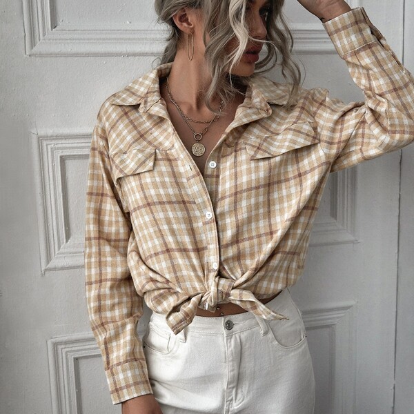 Plaid Print Button Through Blouse, Khaki