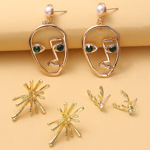 3pairs Face Design Earrings, Gold