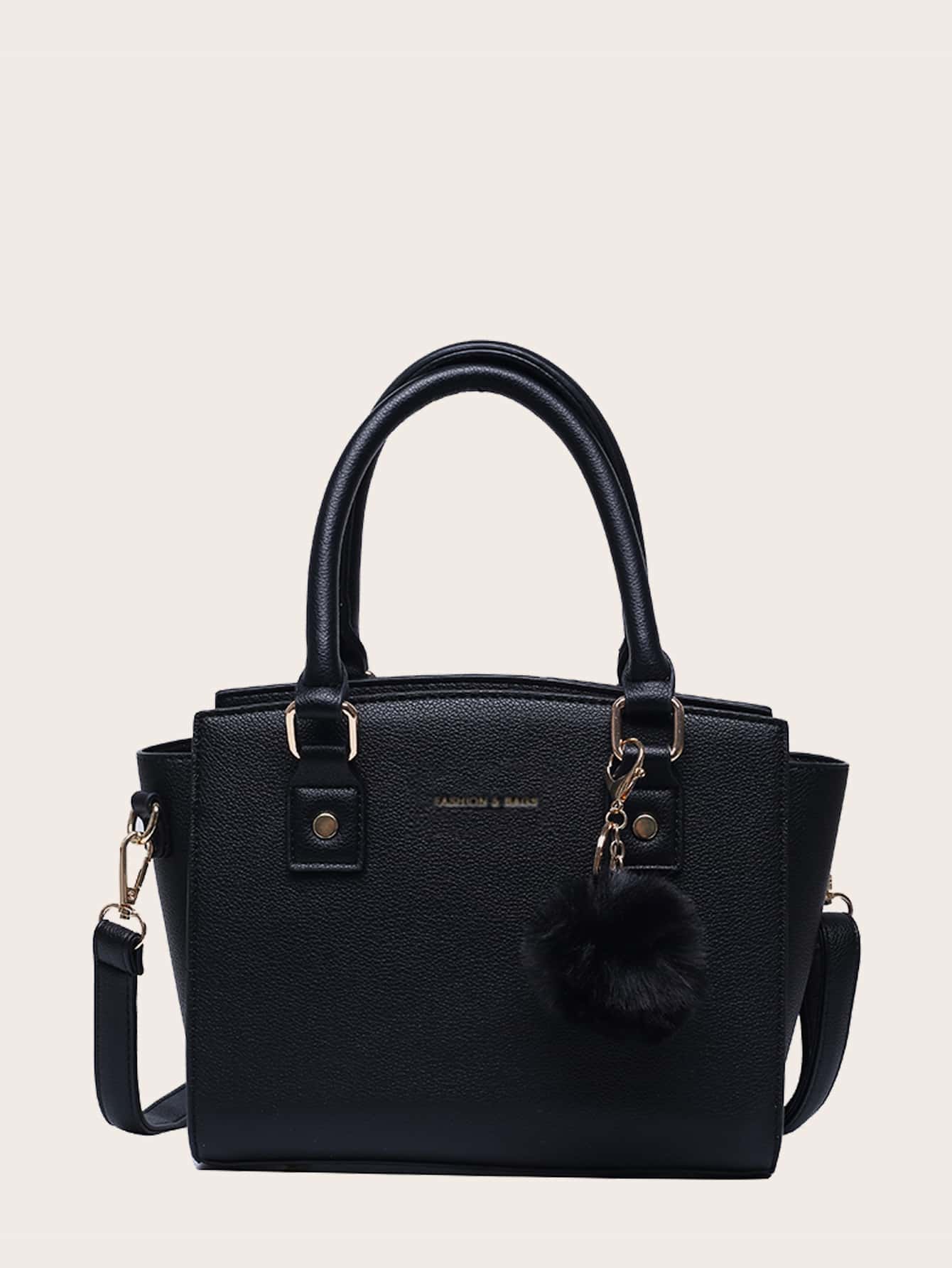 Letter Graphic Satchel Bag With Pom Pom