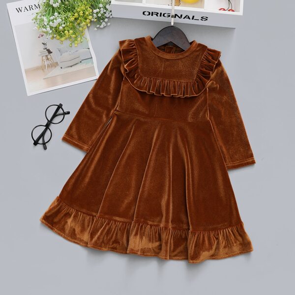 Toddler Girls Ruffle Trim Velvet Dress, Rust brown