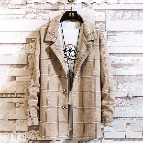 Men Plaid Single Breasted Coat, Khaki