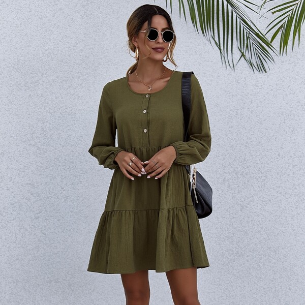 Button Front Smock Dress, Army green