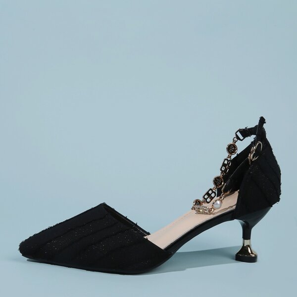 Point Toe Ankle Strap Spool Heels, Black