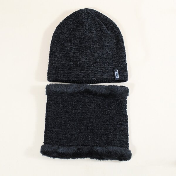 Men Letter Patch Beanie & Ring Scarf, Black