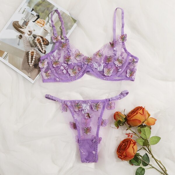Butterfly Appliques Embroidery Mesh Underwire Lingerie Set, Purple