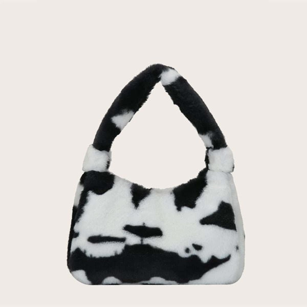 Girls Cow Print Fluffy Baguette Bag, Black and white