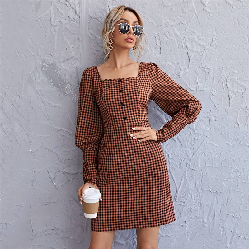 Square Neck Leg-of-mutton Sleeve Buttoned Front Gingham Dress, Multicolor black and white
Square Neck Leg-of-mutton Sleeve Buttoned Front Gingham Dress, Multicolor black and white