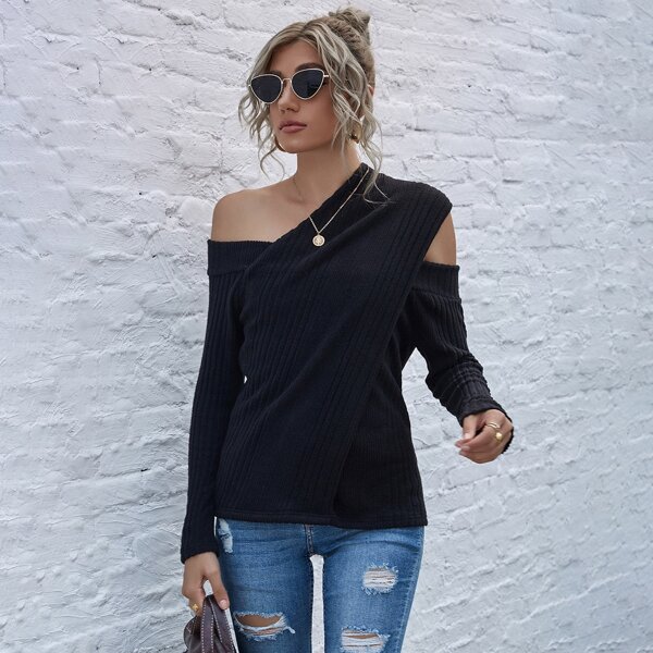 Asymmetrical Neck Solid Top, Black