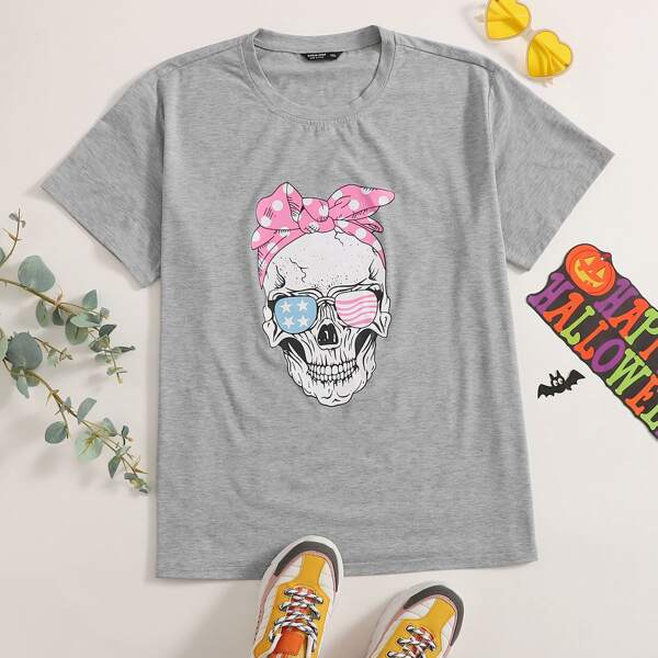 Plus Skull Print Round Neck Tee, Light grey